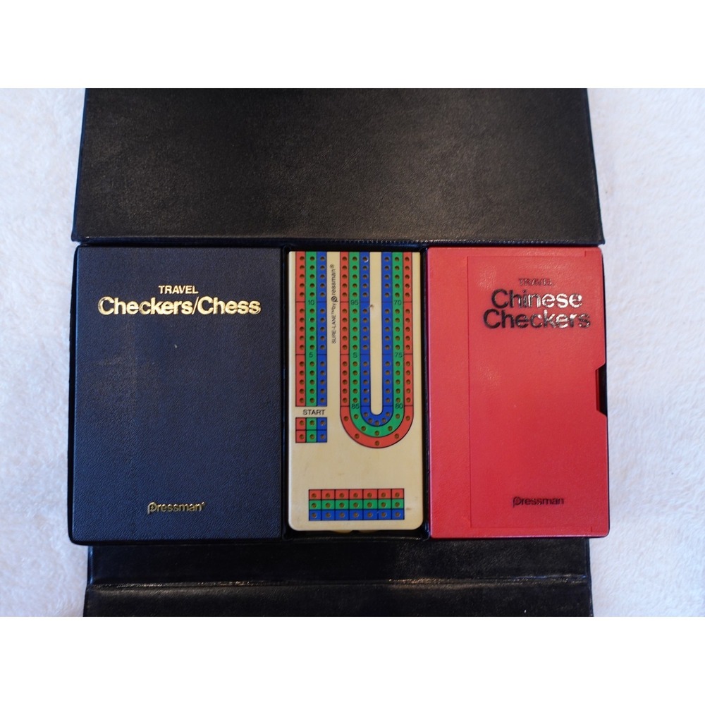 Vintage 80s Travel‎ Mini Magnetic Checkers Chess & Cribbage w/ Case - Pressman